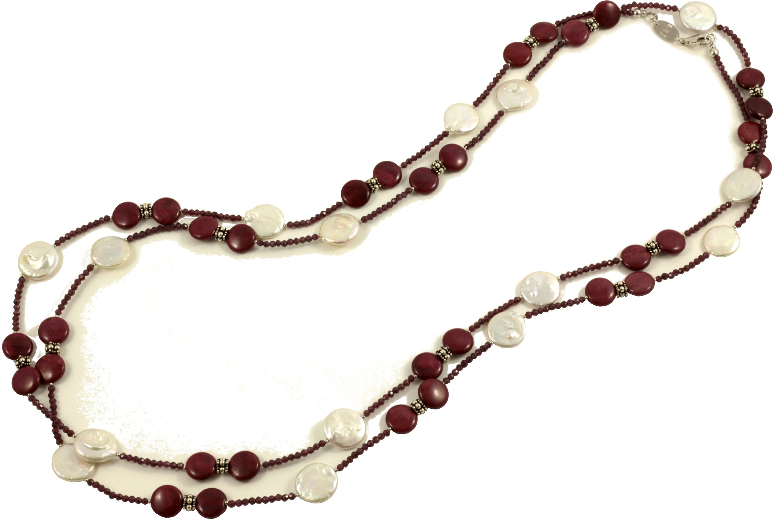 Necklace garnet, rhodonite and fresh water pearls