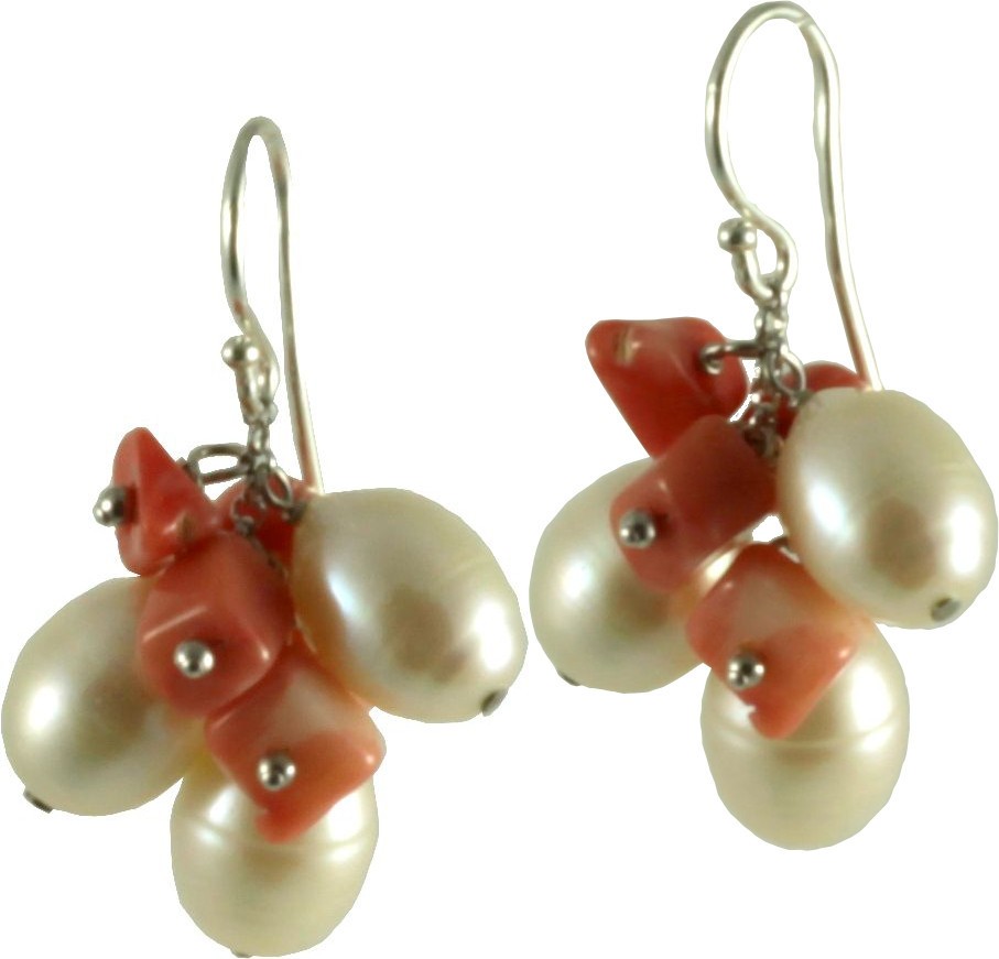 Earrings fresh water pearls and bamboo coral