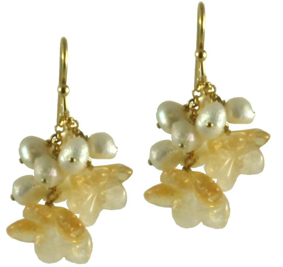 Earrings citrine quartz flowers and fresh water pearls