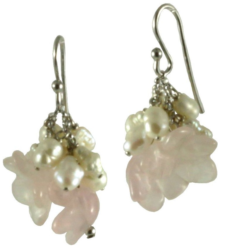 Earrings rose quartz flowers and fresh water pearls