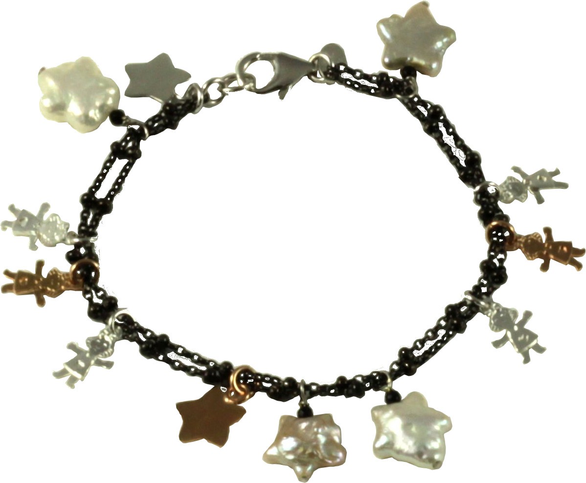 Bracelet rose gold and rhodiated silver children, fresh water pearl stars and onix