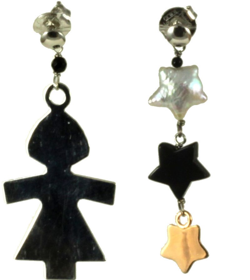Earrings black rhodiated silver child, onix stars and fresh water pearl