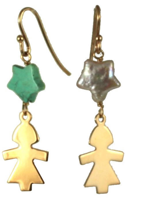 Earrings rose gold silver children, turquoise and fresh water pearl stars
