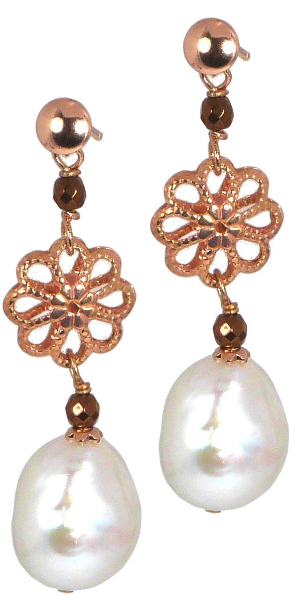 Earrings fresh water pearls, bronze agate and silver flowers