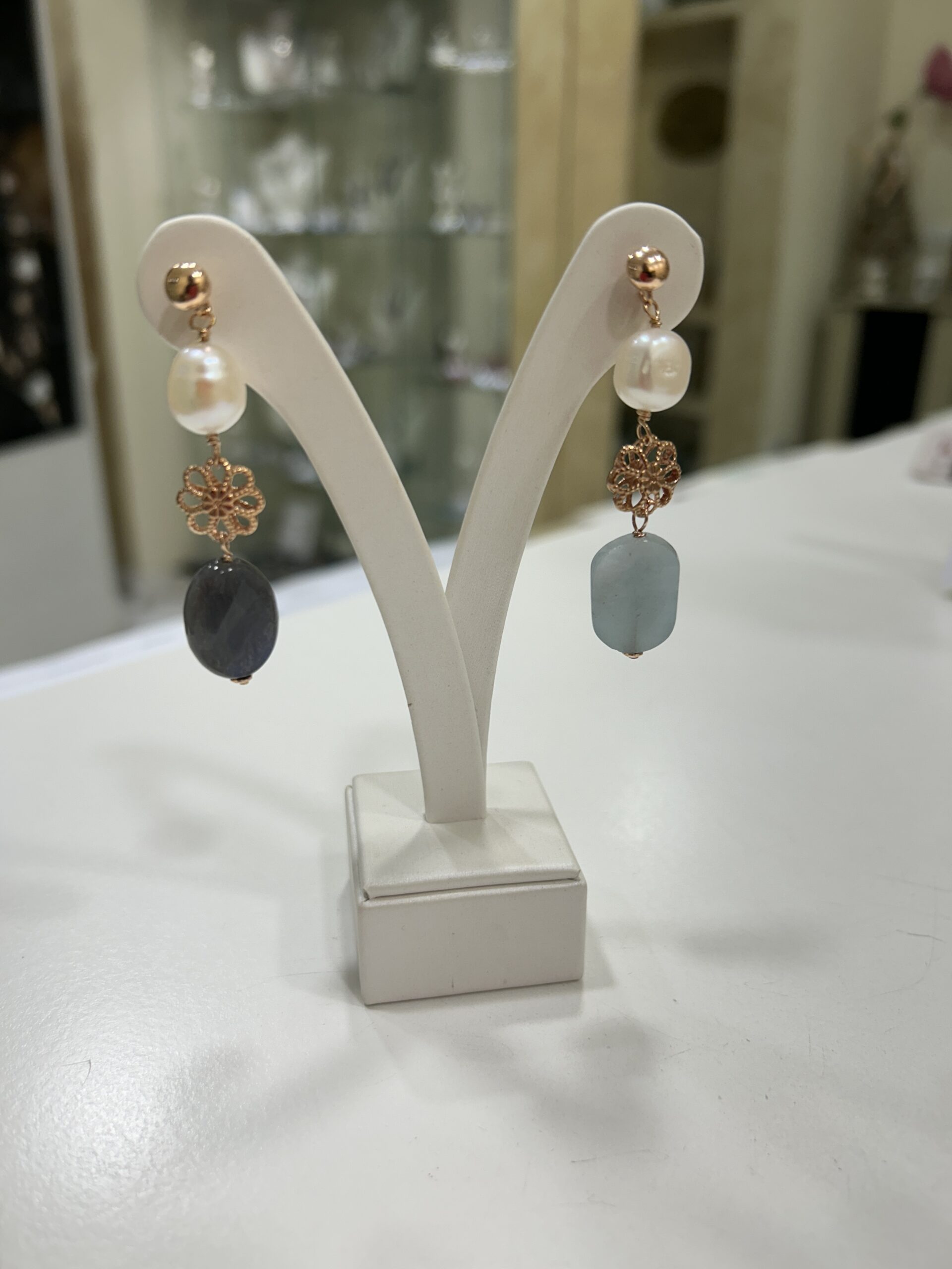 Earrings aquamarine, labradorite, baroque pearls and silver flowers