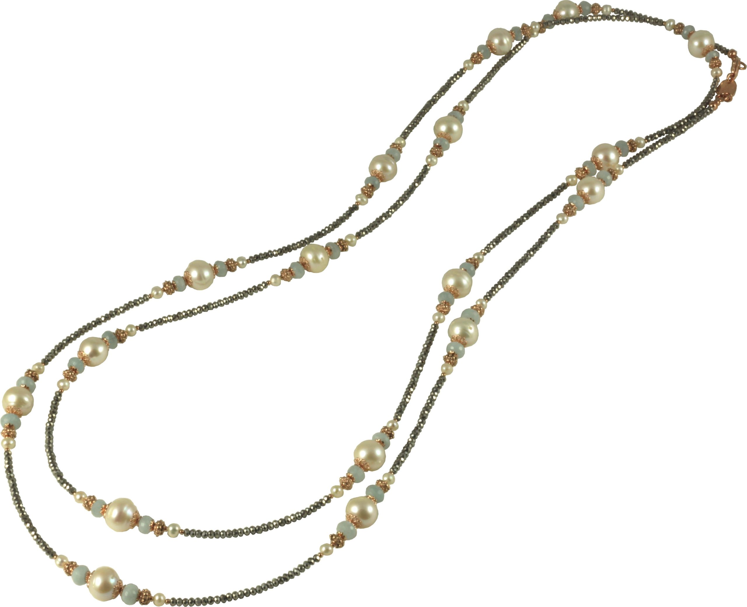Necklace hydrothermal quartz, aquamarine roundells and fresh water pearls