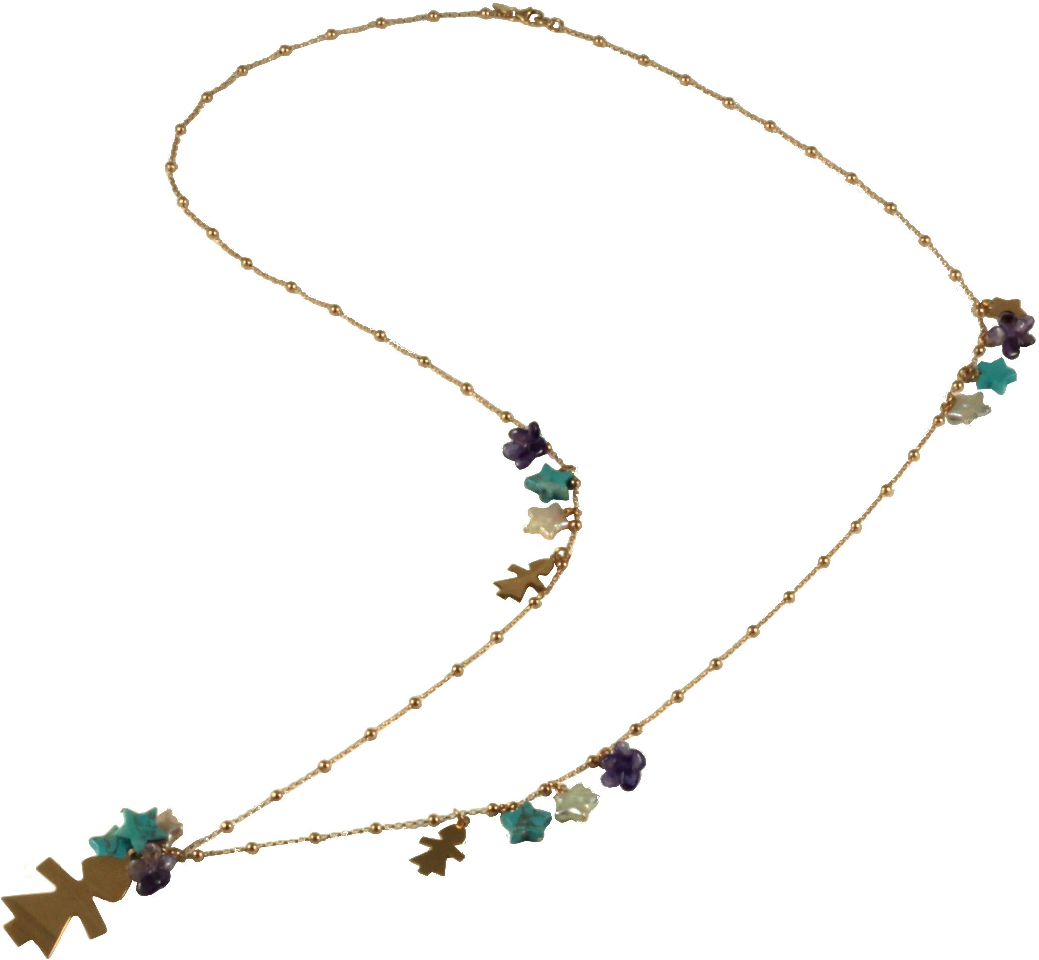 Necklace silver children, fresh water pearl stars, turquoise and rose gold silver with amethyst flowers