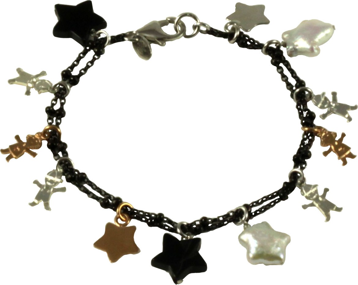 Bracelet rose gold and rhodiated silver children, fresh water pearl stars and onix