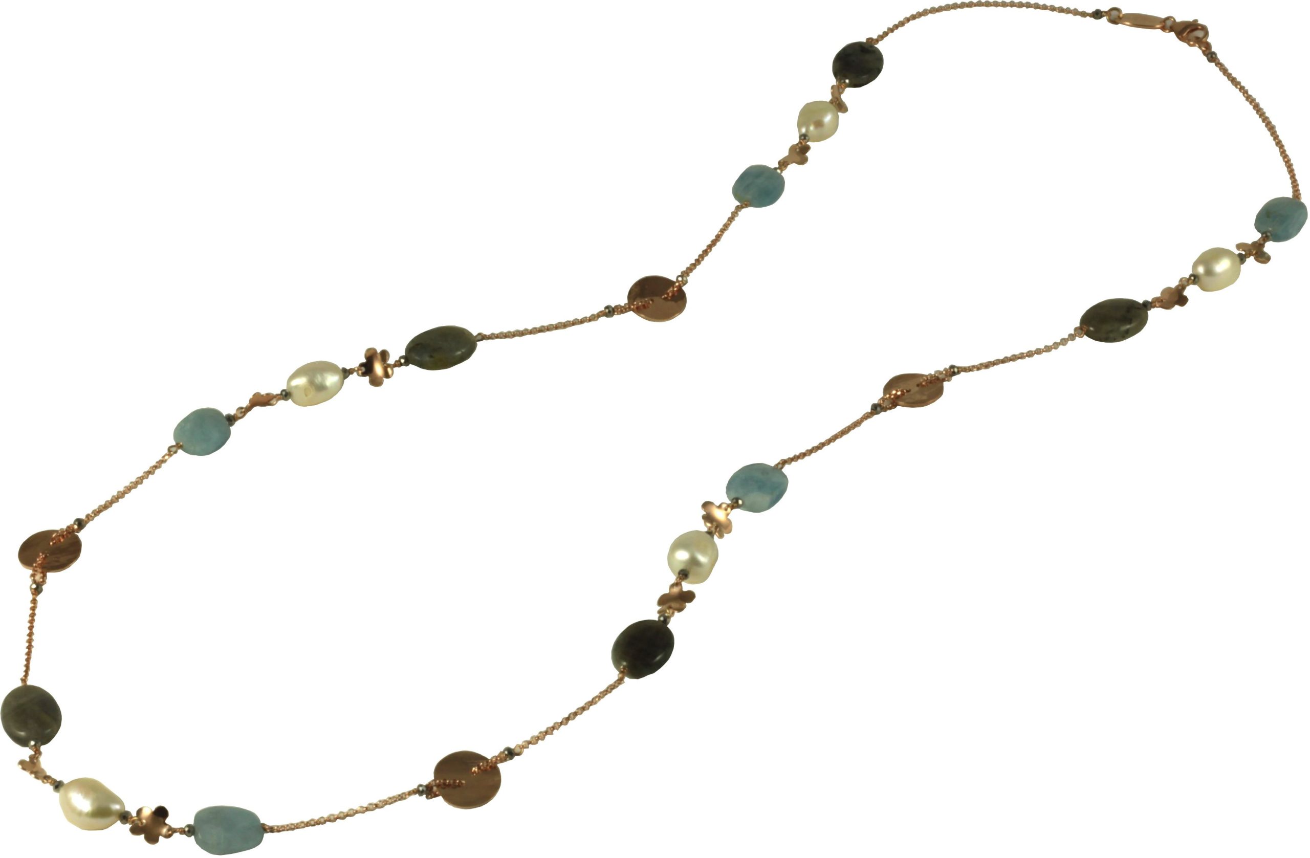 Collana labradorite, acquamarina, perle coltivate con bottoni e fiori di argento