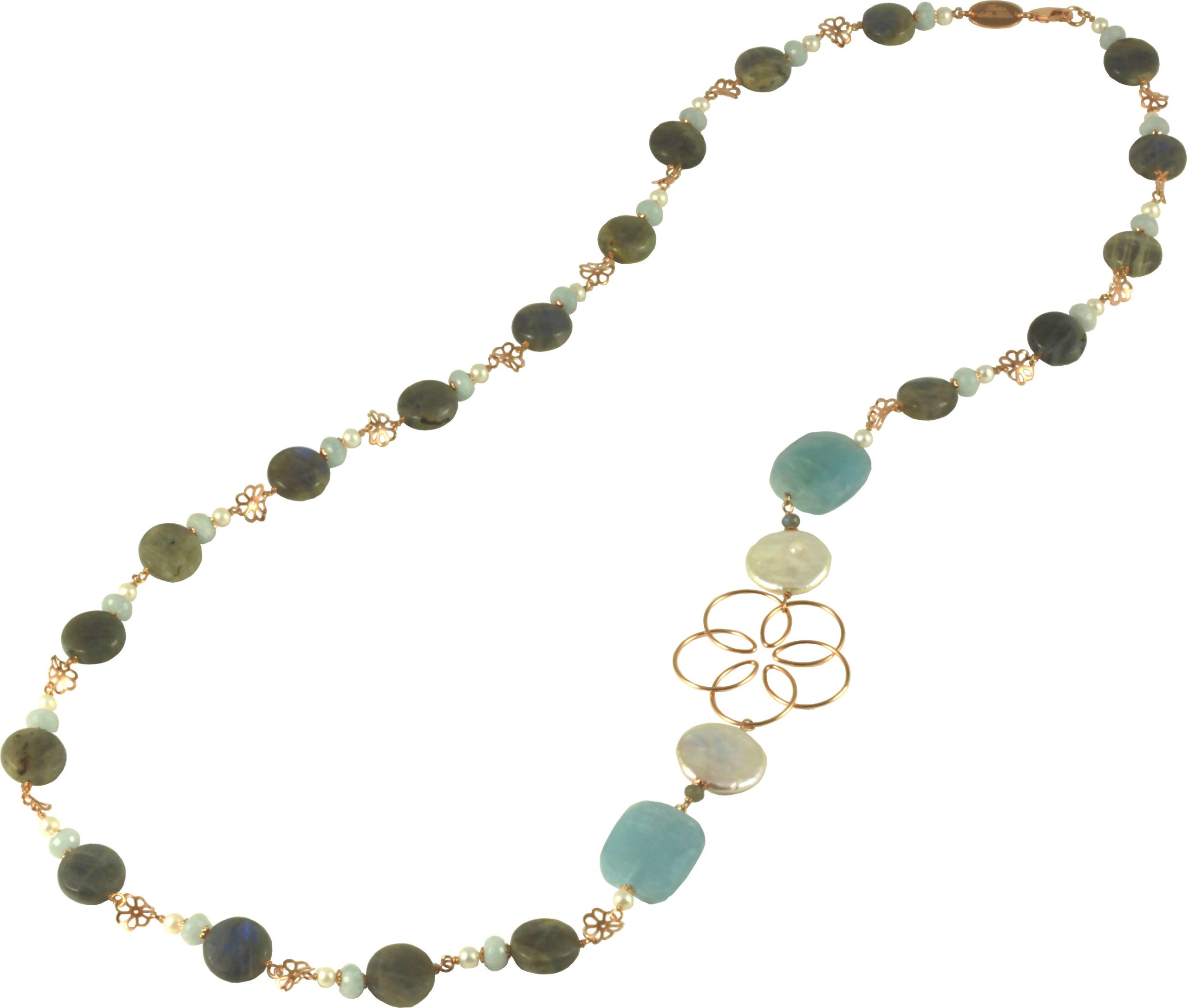 Collana labradorite, acquamarina, perle coltivate con fiori di argento