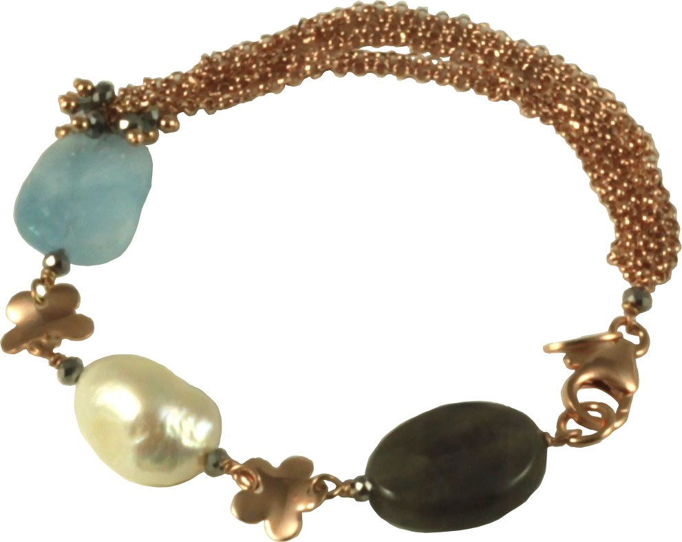 Bracciale labradorite, acquamarina, perle coltivate e catena e fiori in argento