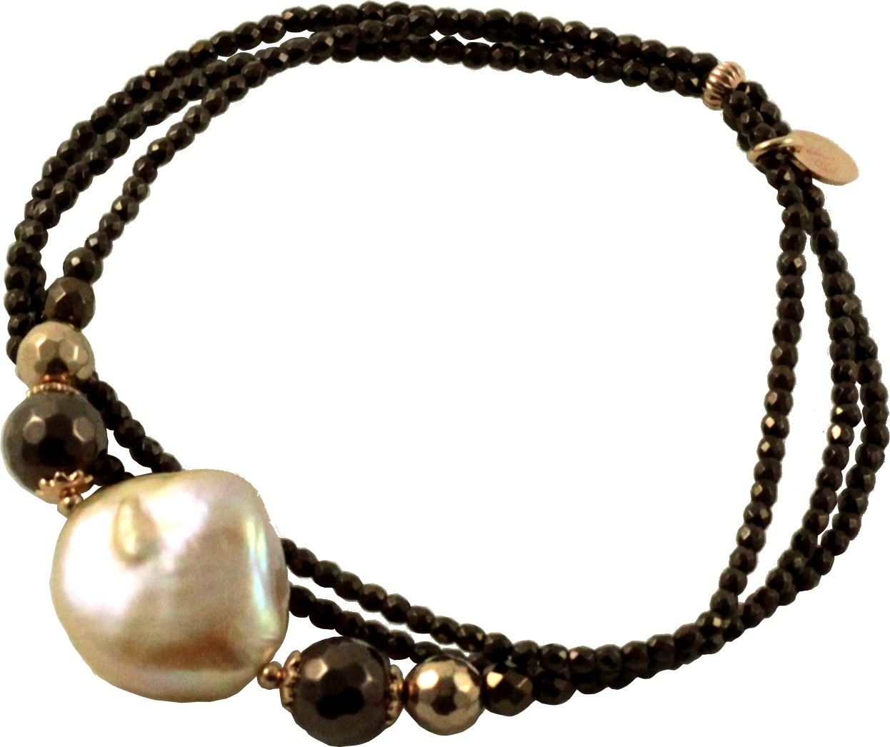 Bracciale a 3 fili di ematite placcata rutenio e perla rosa