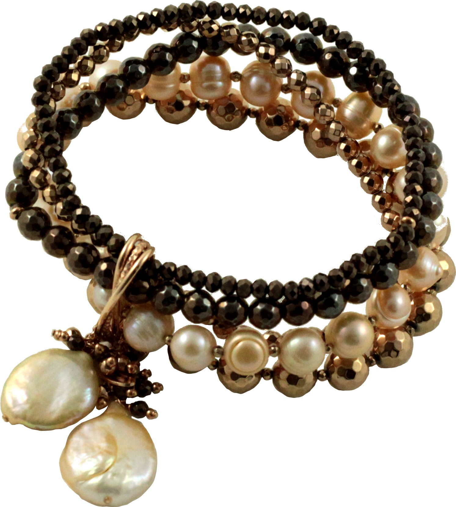 Bracciale 5 fili ematite placcata oro rosa, rutenio e perla rosa