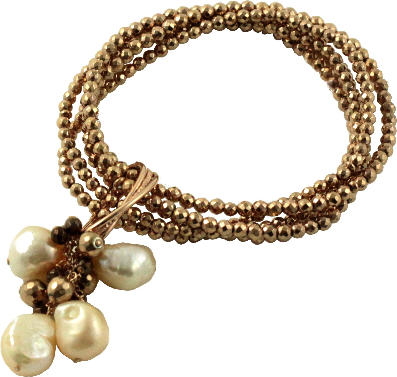 Bracciale 5 fili ematite placcata oro rosa, rutenio e grappolo perle