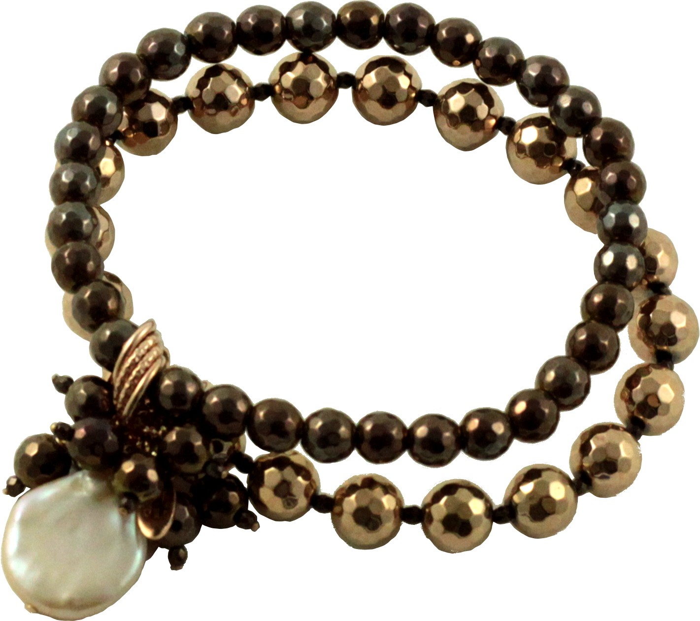 Bracciale 2 fili ematite placcata rutenio, oro rosa e perla rosa