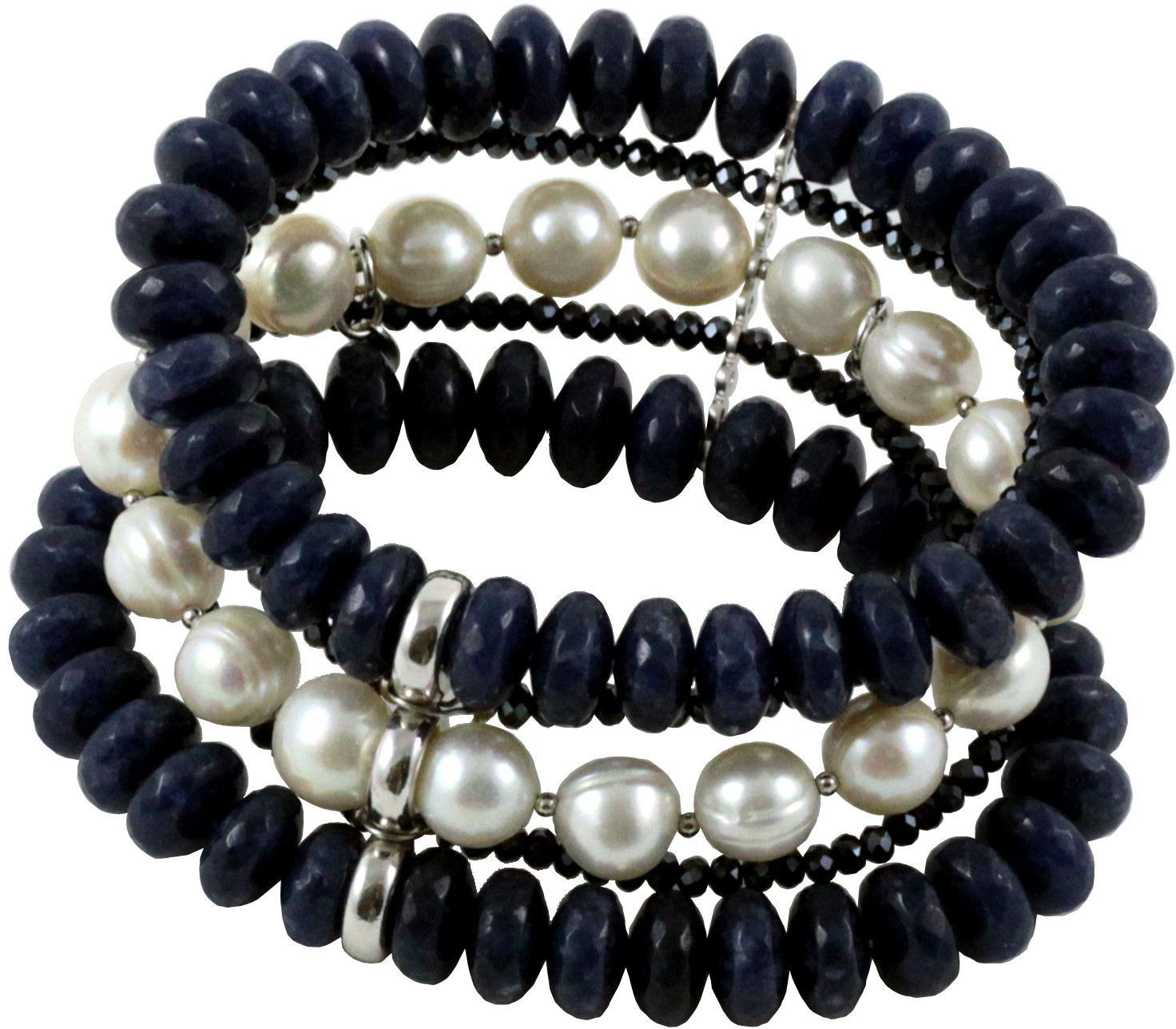 Bracciale 5 fili quarzo blu, perle bianche e quarzo idrotermale