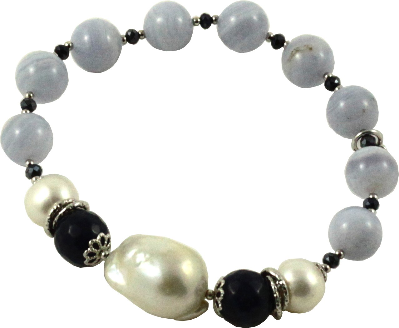 Bracciale calcedonio, quarzo blu e perla barocca