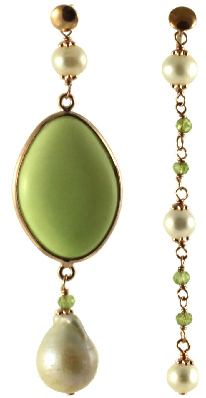 Asymetric earrings with peridot, fresh water pearls and lemon chrysoprase
