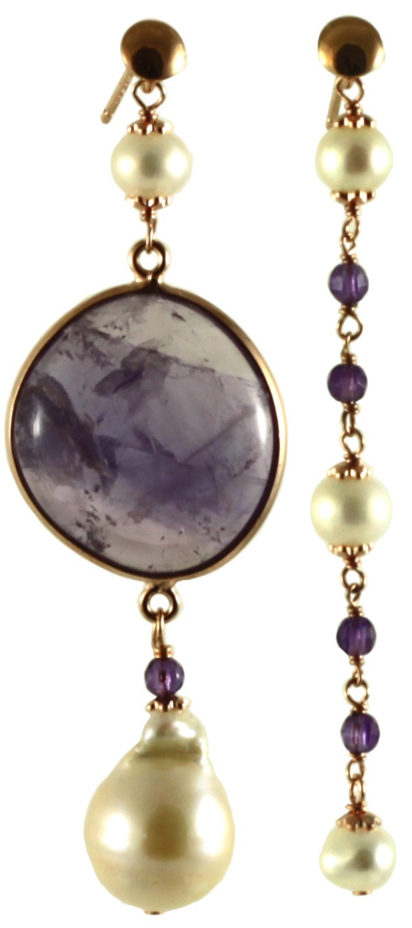 Asymetric earrings with amethyst and fresh water pearls