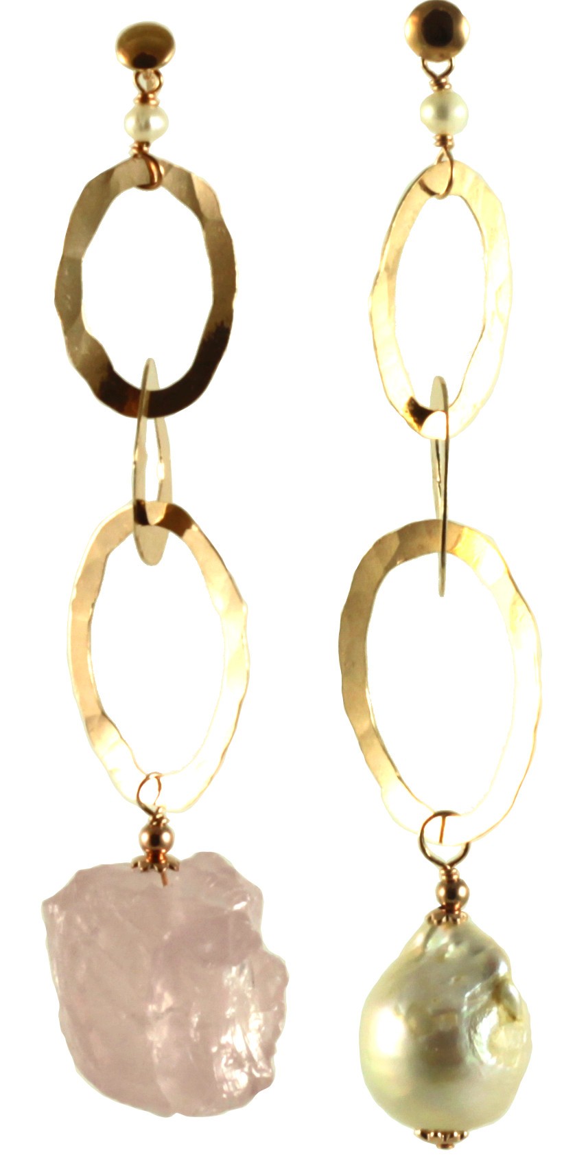Asymmetric earrings with baroque pearl, rose quartz and silver chain