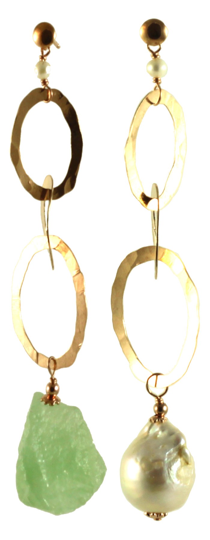 Asymmetric earrings with baroque pearl, prehnite and silver chain