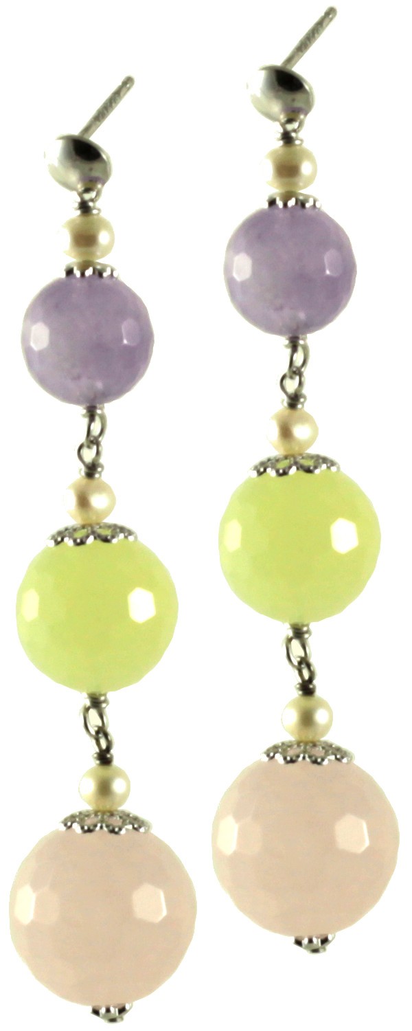 Earrings amethyst lavender, pink quartz, jadeite, cultivated pearls and silver chain