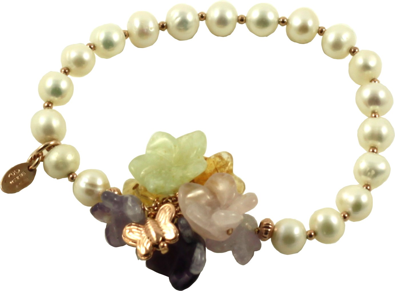 Bracelet fresh water pearls with multicolored quartz flowers
