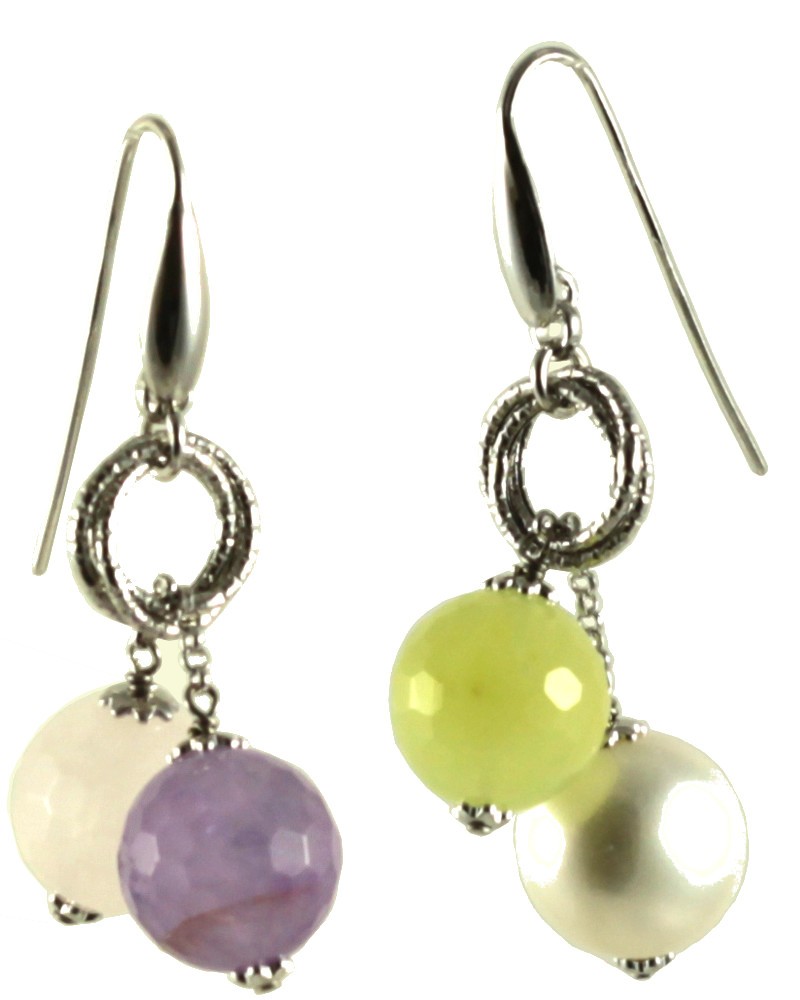 Asymmetric earrings amethyst lavender, pink quartz, jadeite, cultivated pearls and silver chain