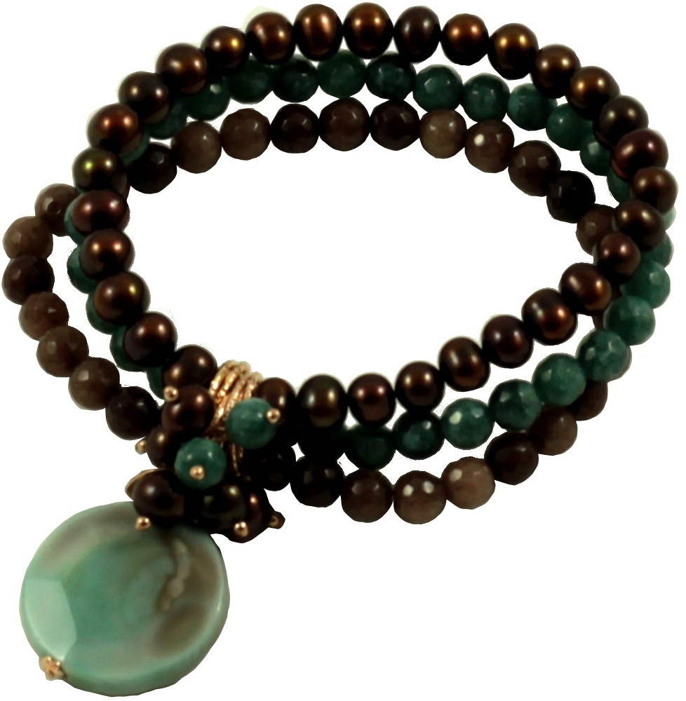 3 strings bracelet in brown pearls and green agate