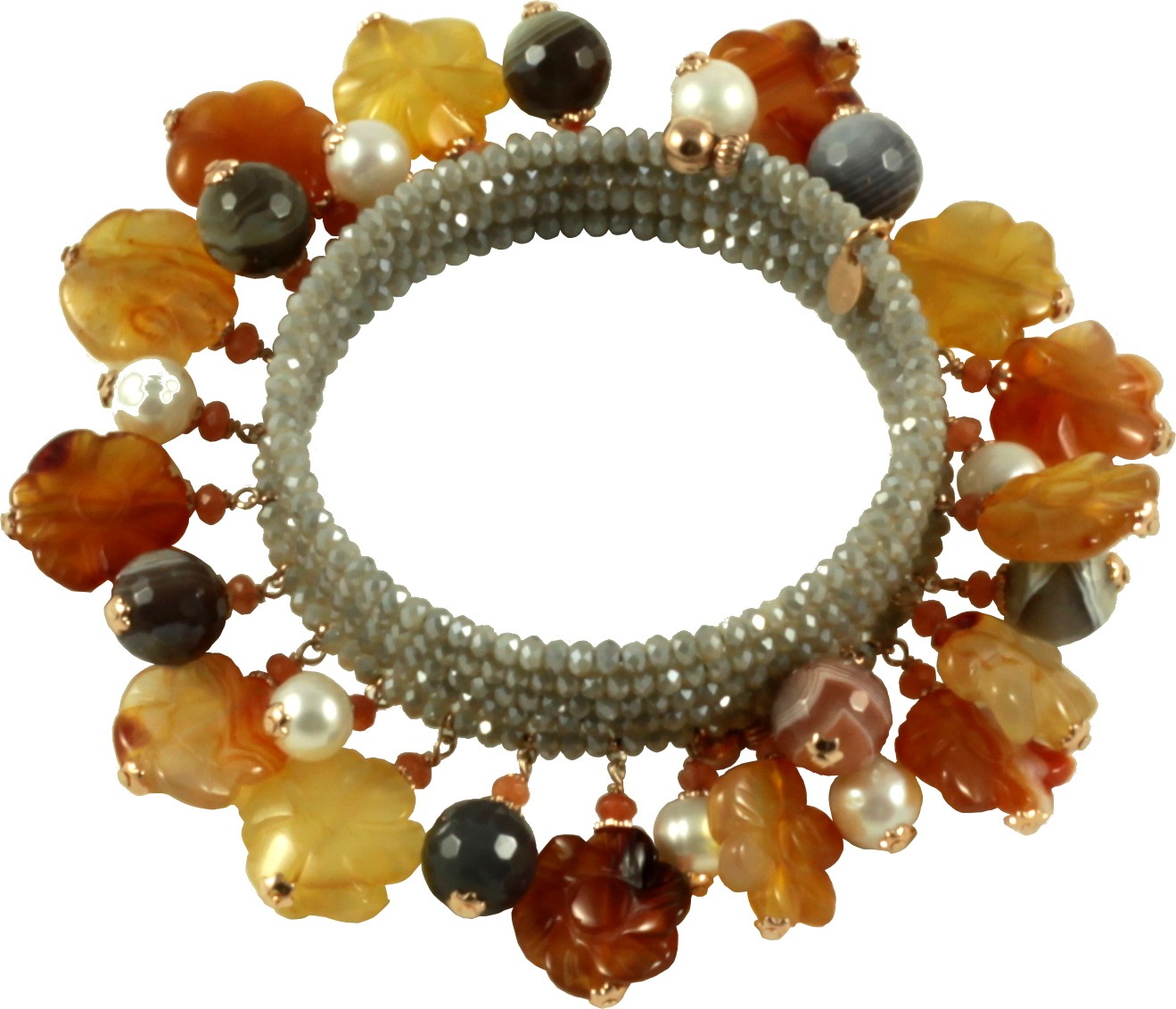 Bracelet with hydrothermal quartz, botswana agate, carnelian flowers and pearls