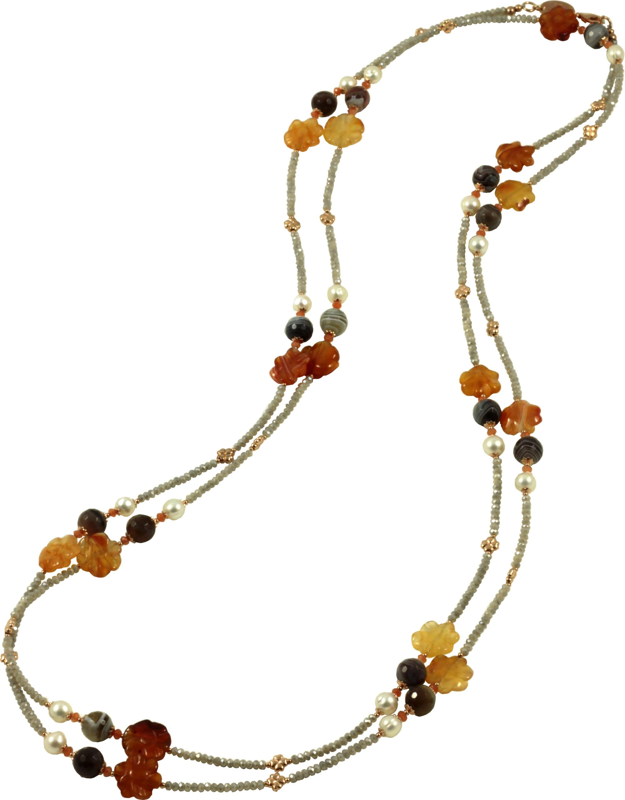Necklace with hydrothermal quartz, botswana agate, carnelian flowers and pearls