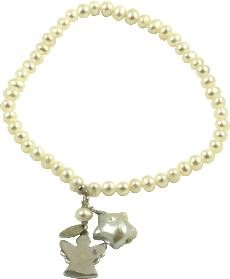 Basic bracelet white pearls with silver angel pendant