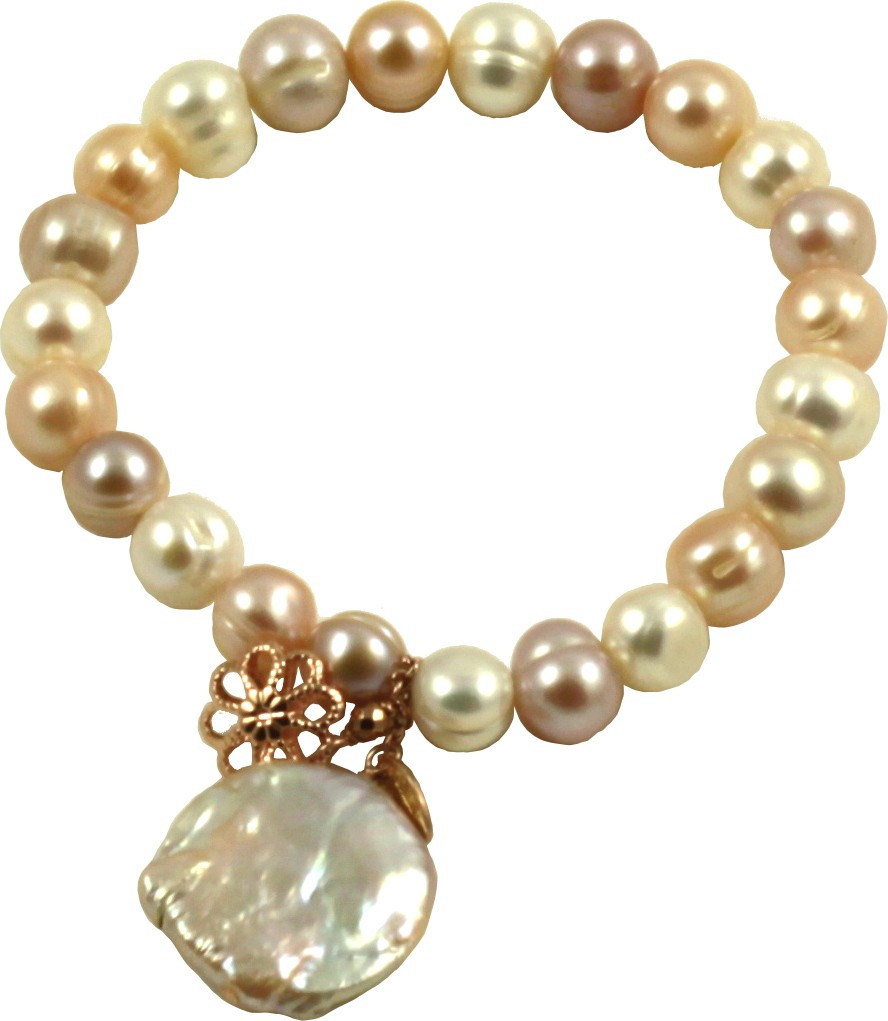 Basic bracelet multicolored pink pearls and flat pearl pendant