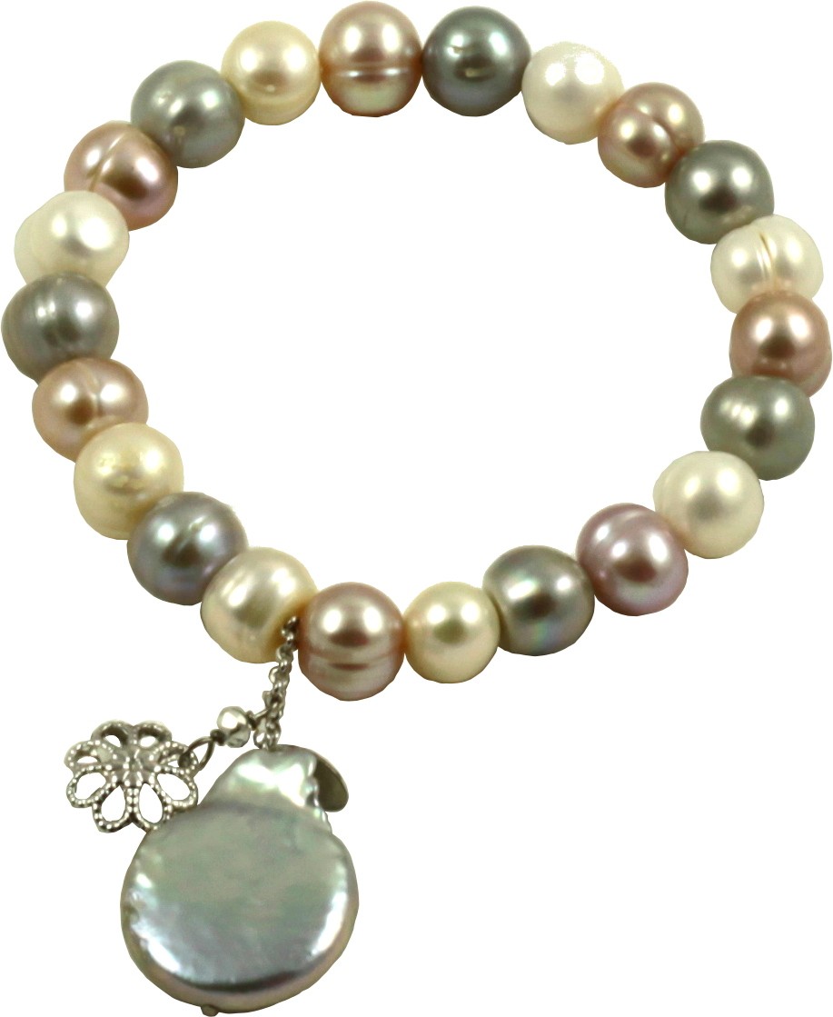 Basic bracelet multicolored pink and grey pearls and flat pearl pendant
