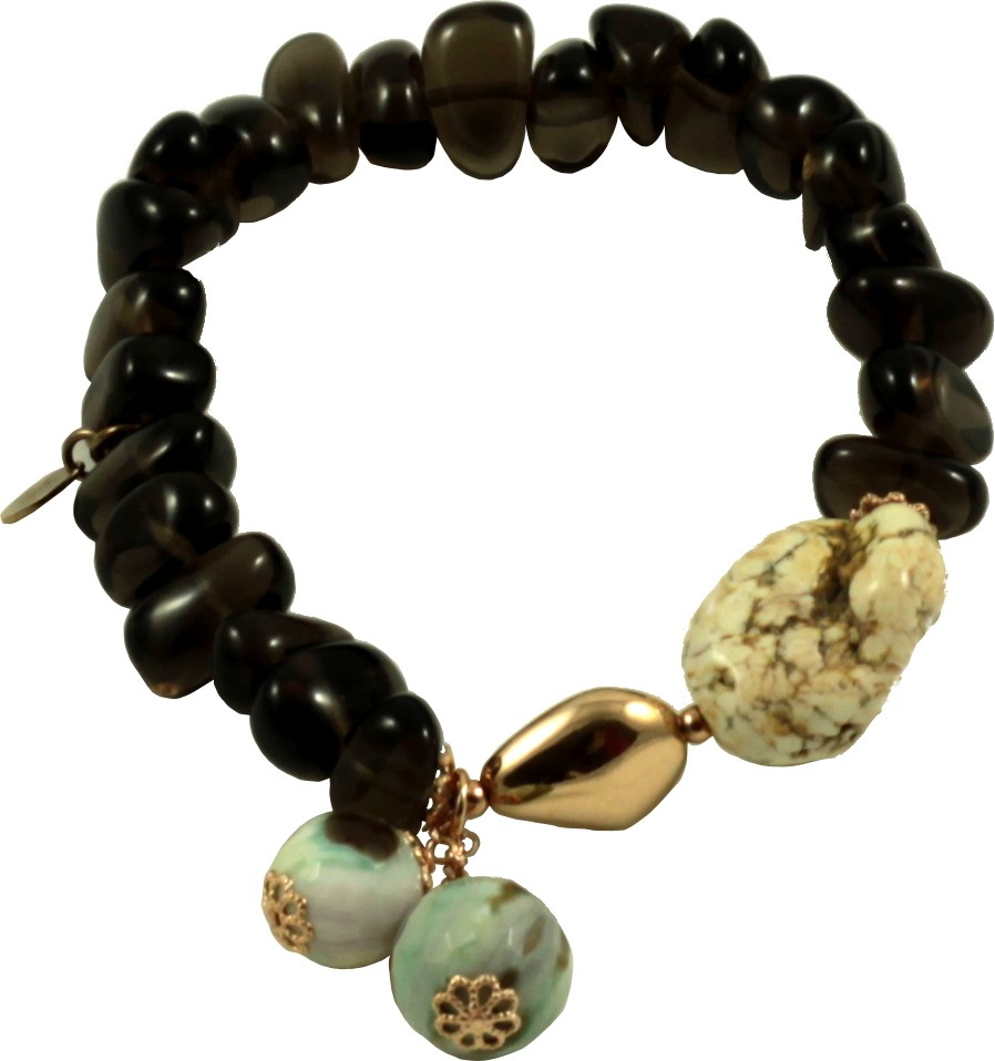 Bracelet with smoky quartz, green agate, aulite and silver nugget