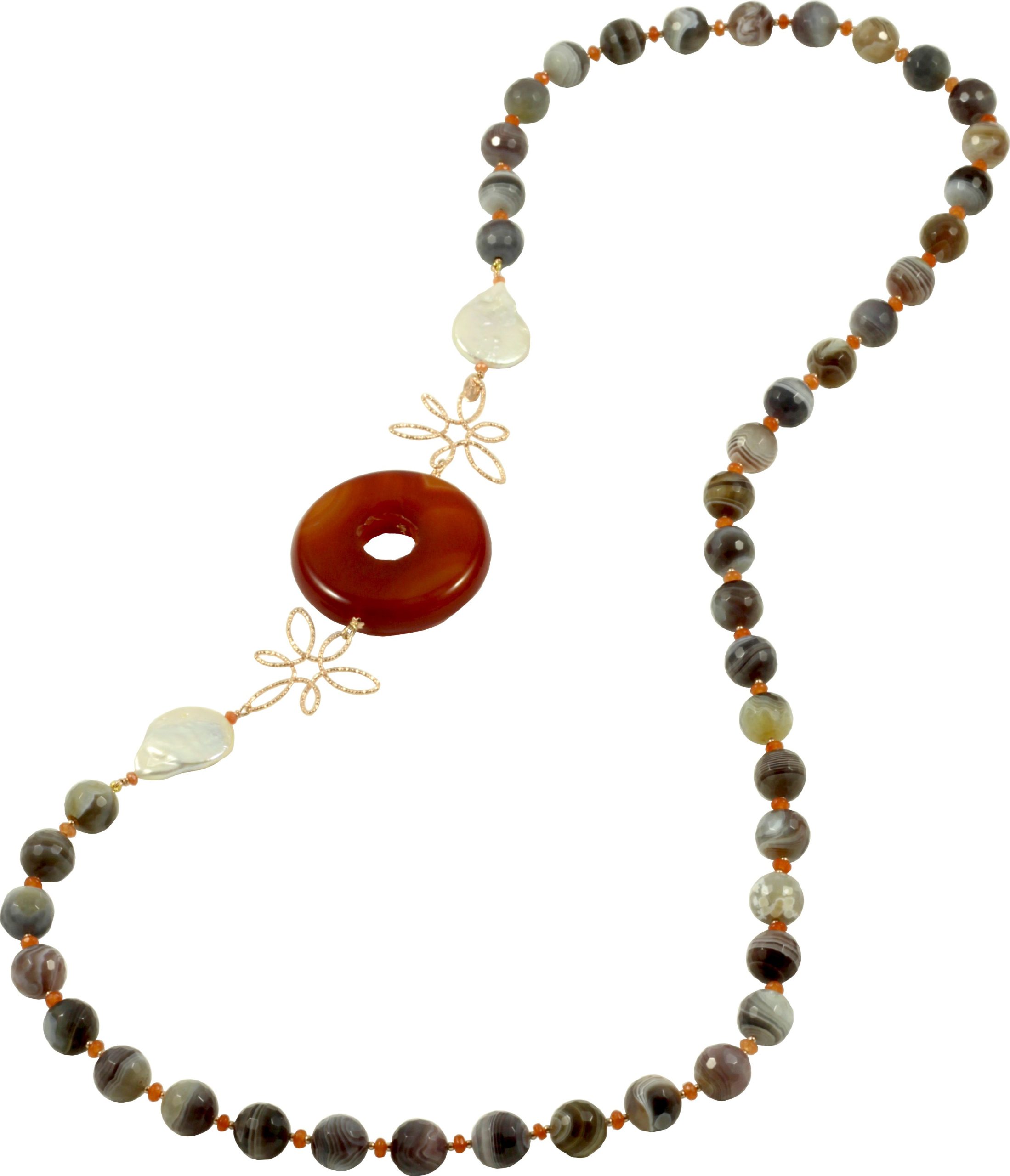 Necklace with botswana agate, carnelian and pearls