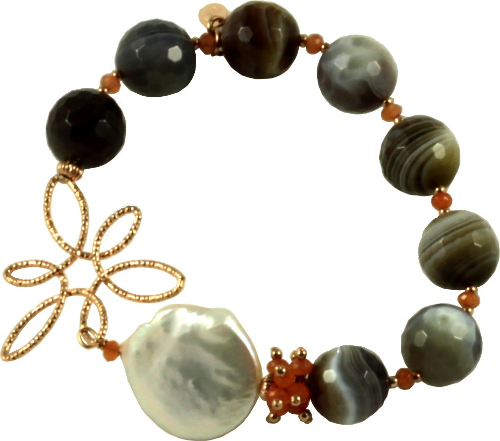 Bracelet with botswana agate, carnelian and pearls