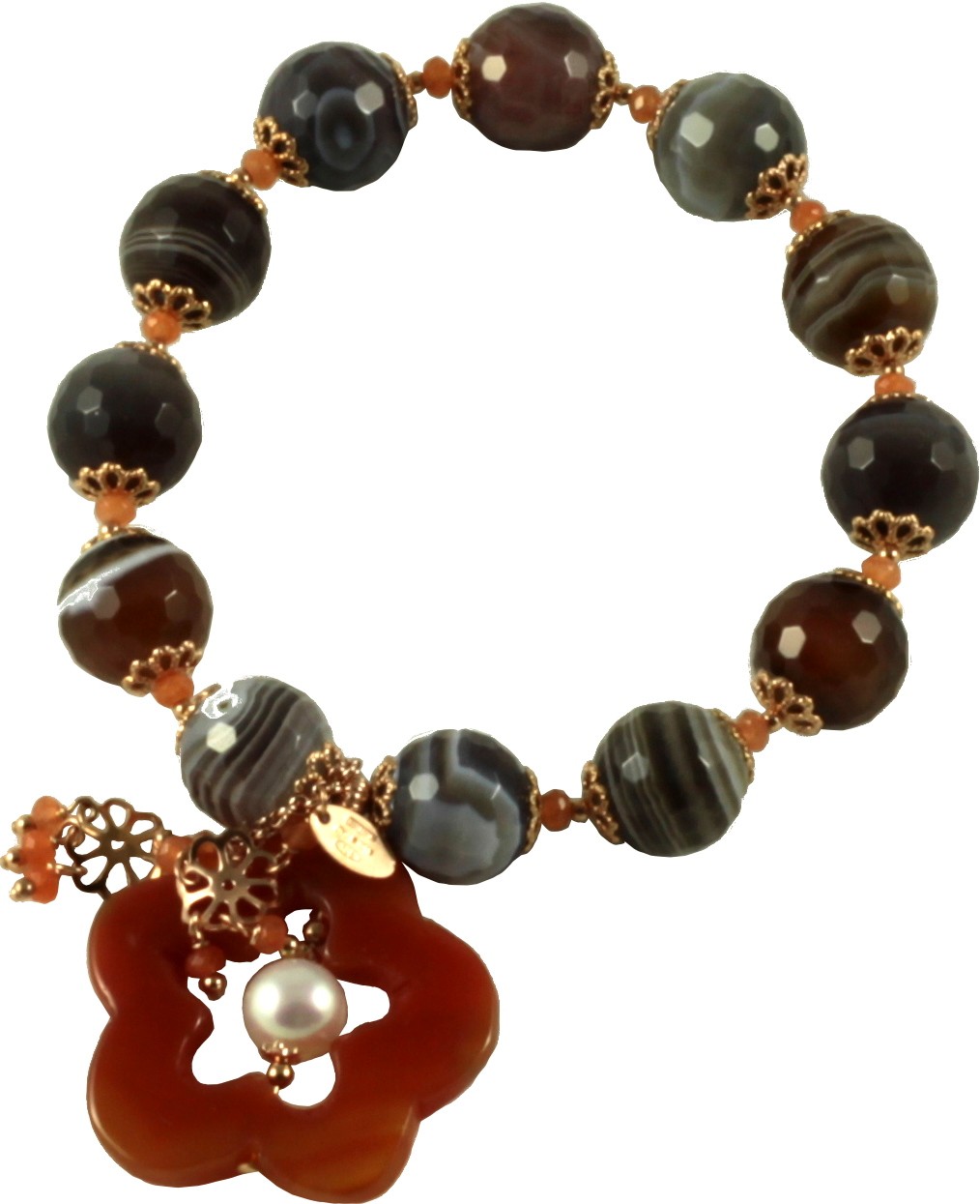 Bracelet with botswana agate, carnelian flowers and pearls