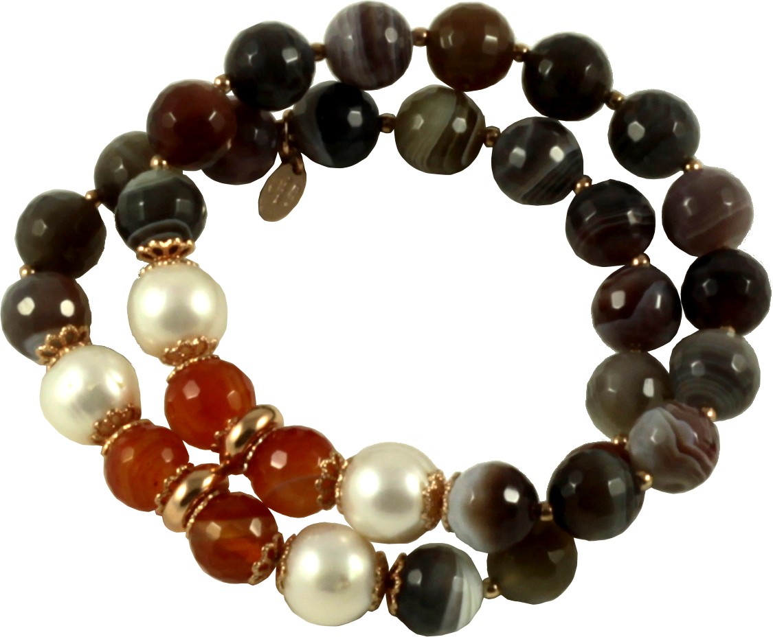 2 strand bracelet with botswana agate, carnelian and pearl