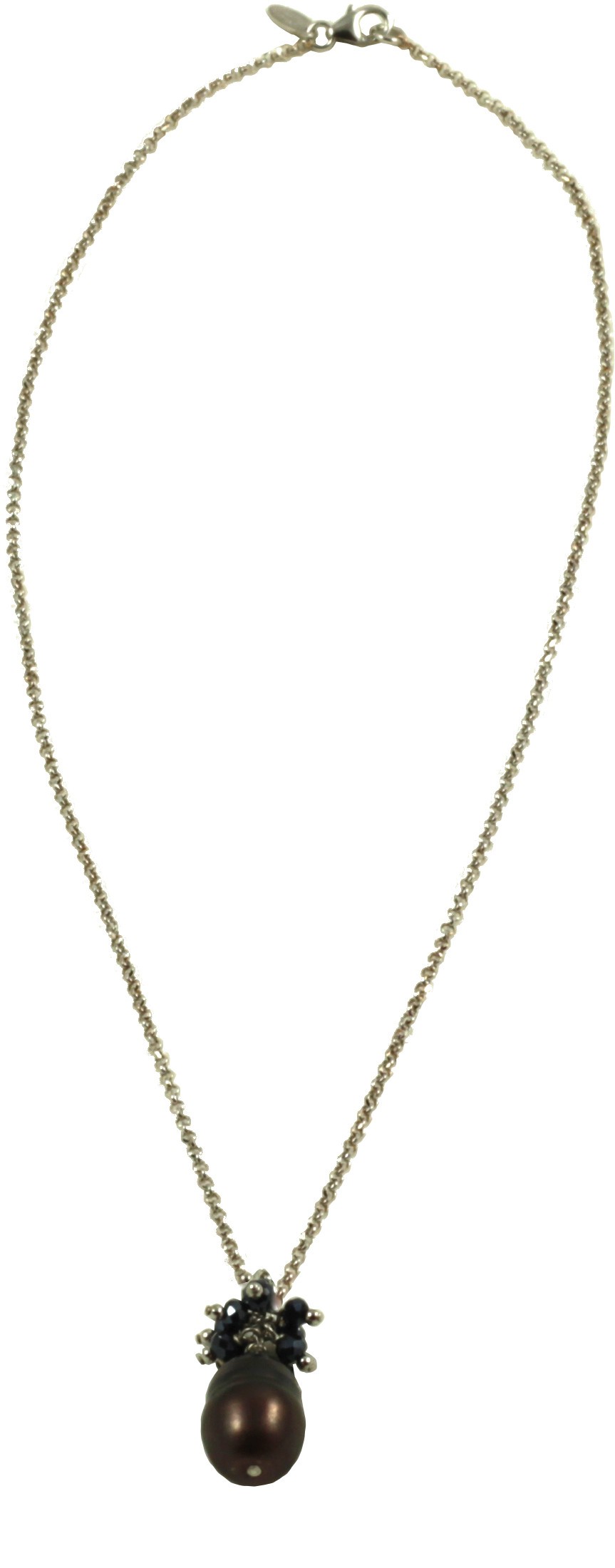 Basic choker rhodiated silver chain with grey pearl and green hydrothermal quartz