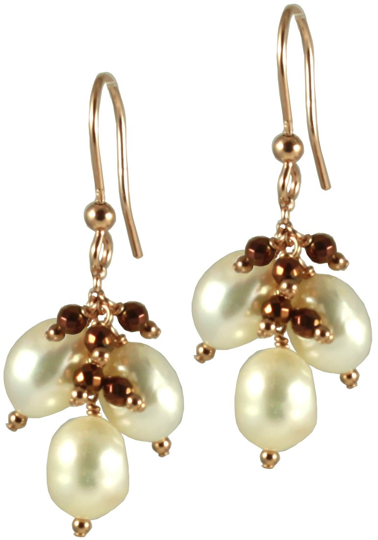 Basic earrings with 3 white pearls and pink gold plated hematite