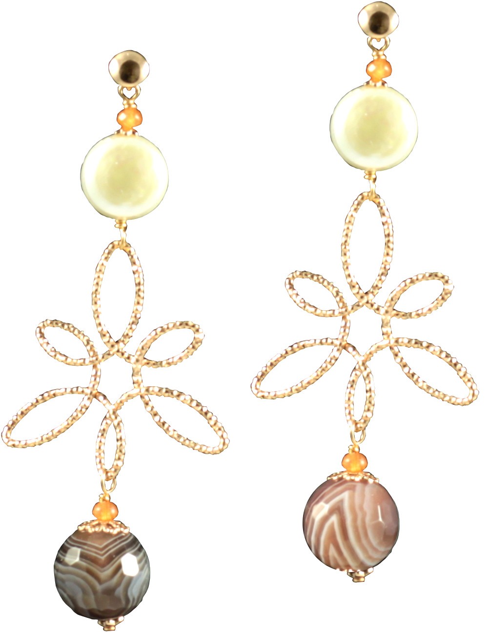 Earrings with botswana agate, carnelian and pearls