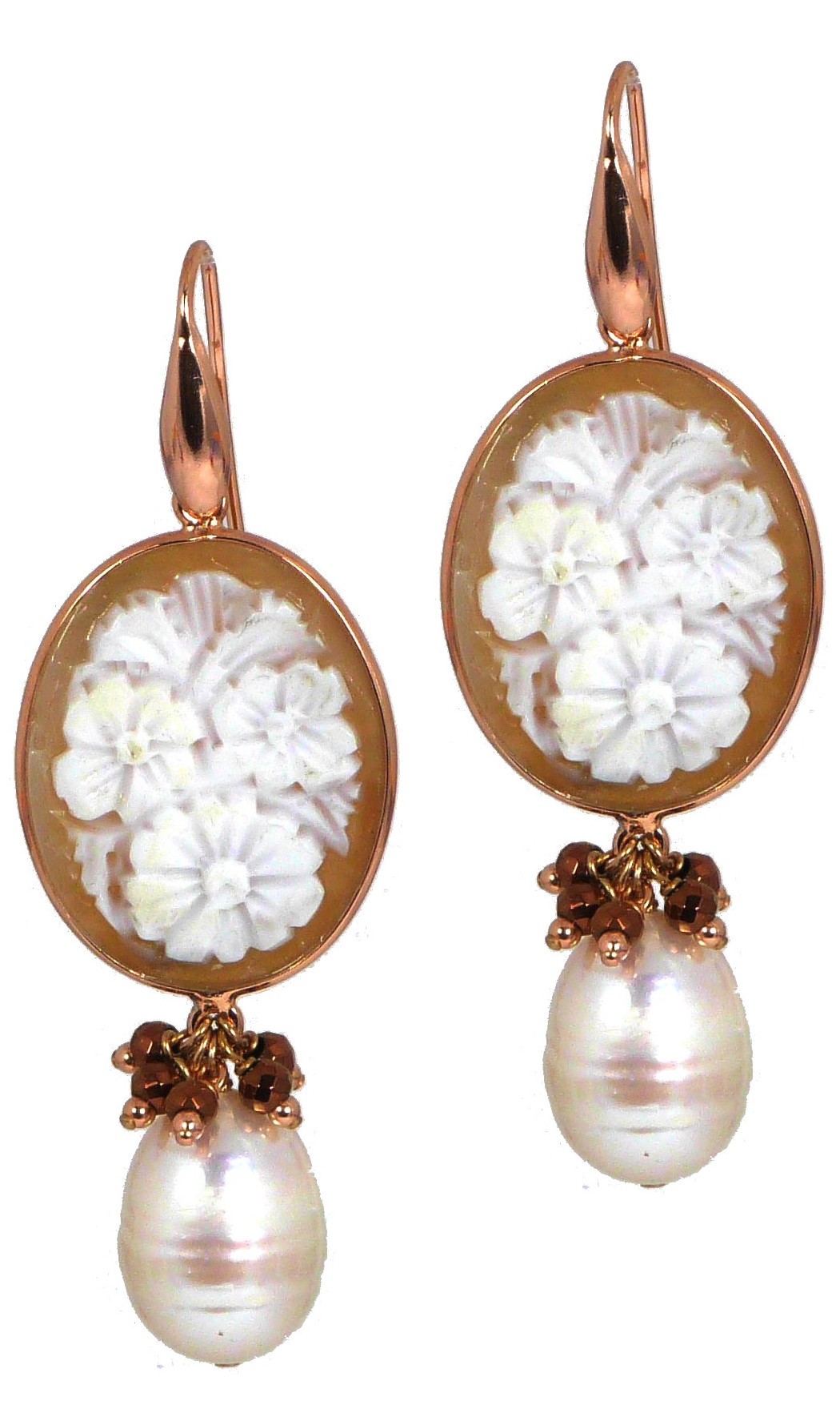 orecchino perle, agata bronzo e cammei