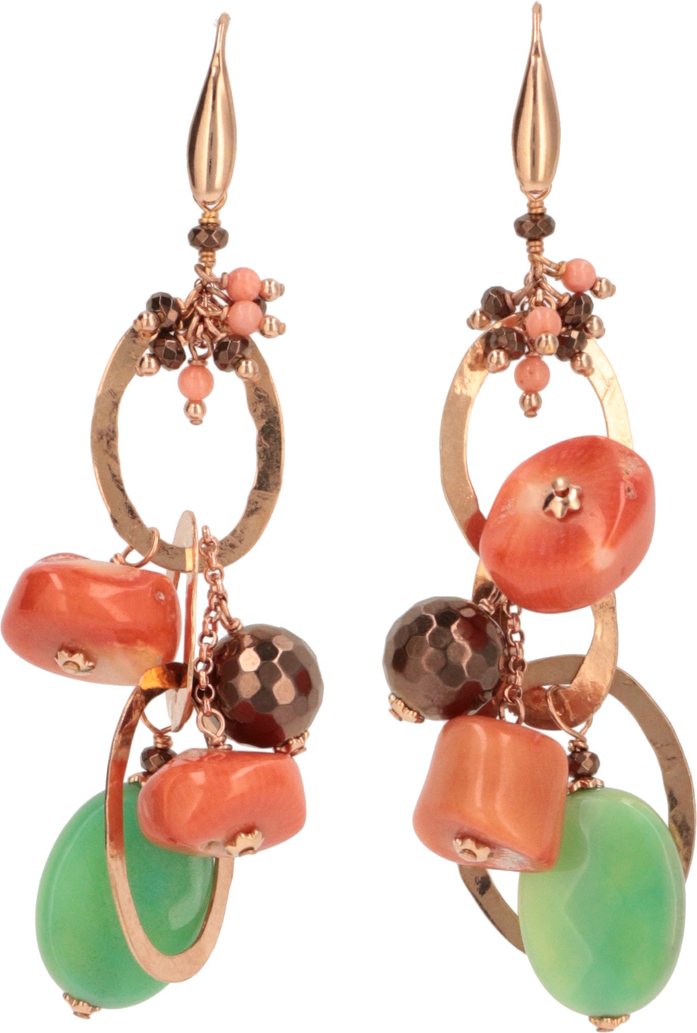Orecchini in crisoprasio, corallo bamboo, ematite placcata rutenio e argento rose'