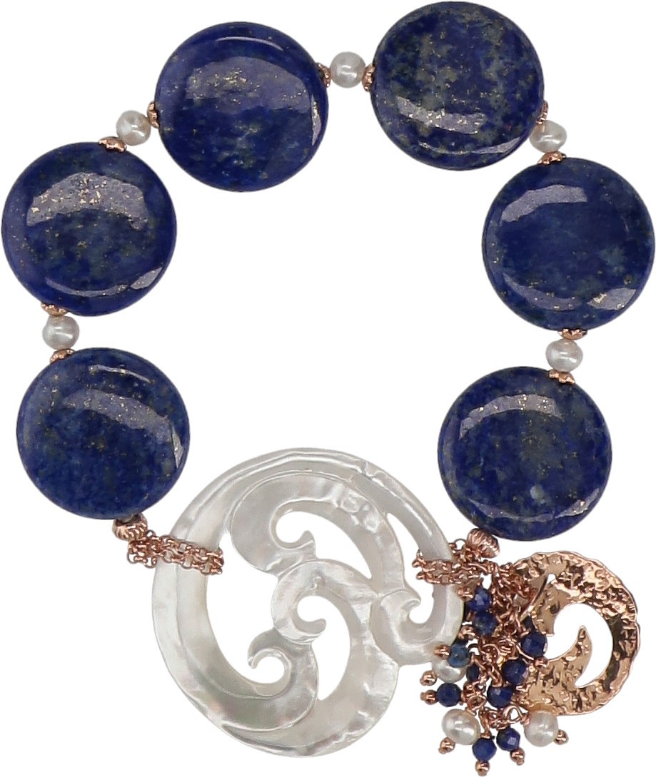 Bracciale in lapislazzuli, madreperla, perle bianche e argento placcato oro rosa
