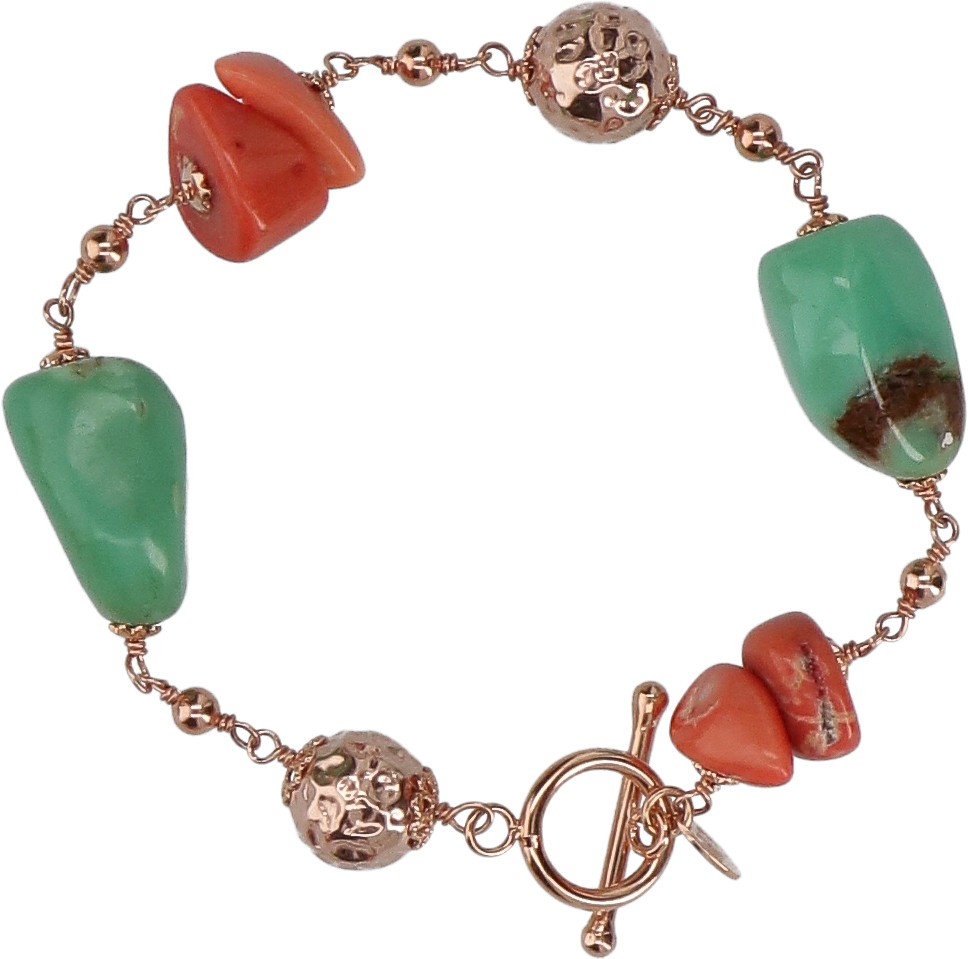 Bracciale in crisoprasio, corallo bamboo e argento placcato oro rosa.