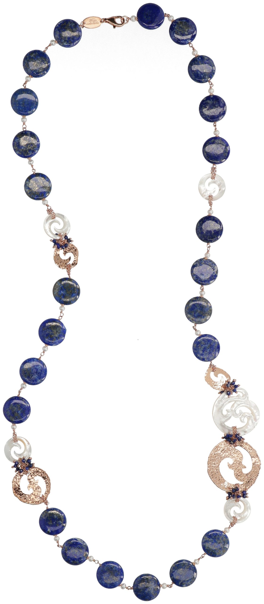 Collana in lapislazzuli, madreperla, perle coltivate e argento placcato oro rosa