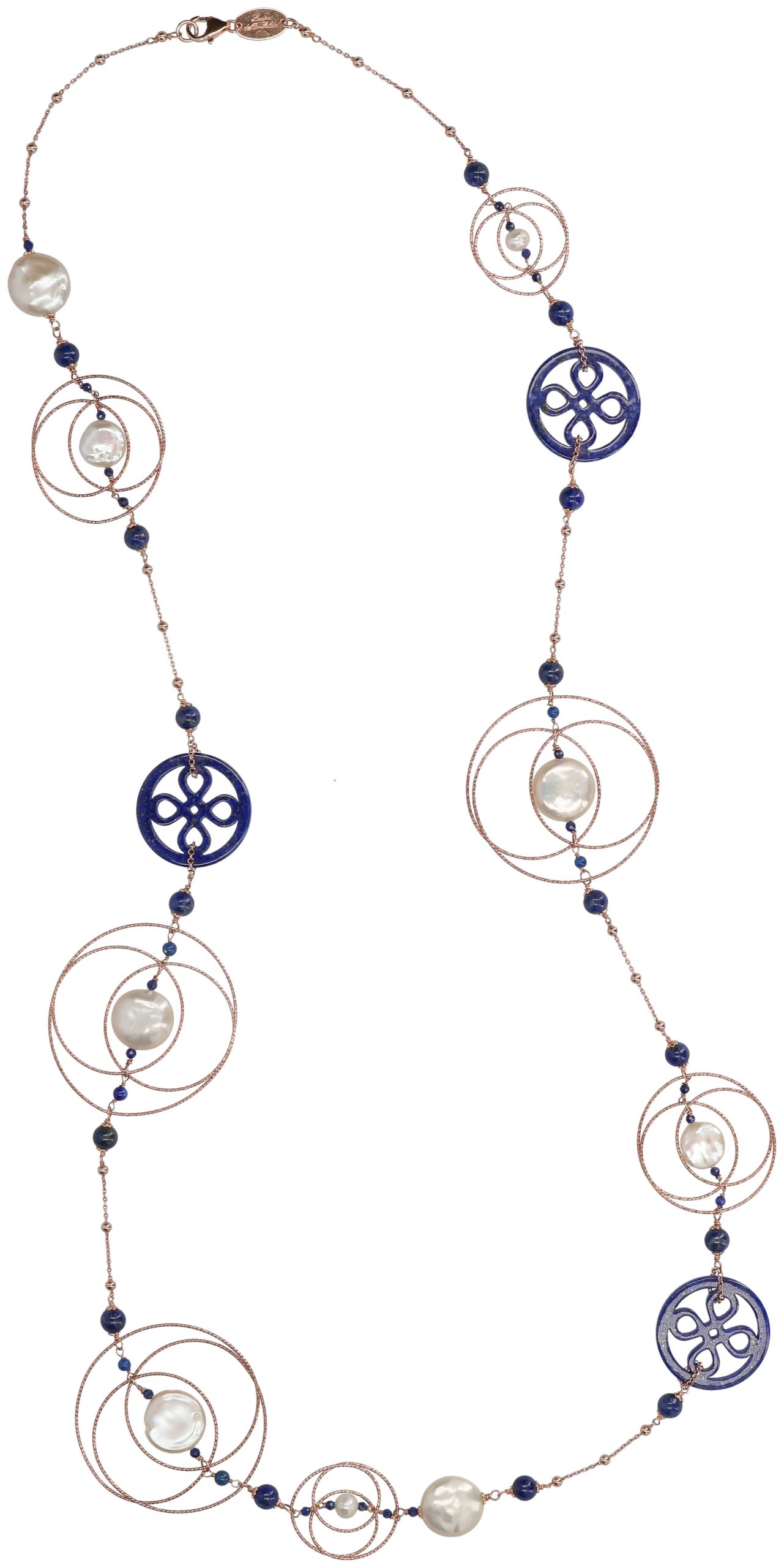 Collana in lapislazzuli, perle barocche coltivate e cerchi in argento placcato oro rosa