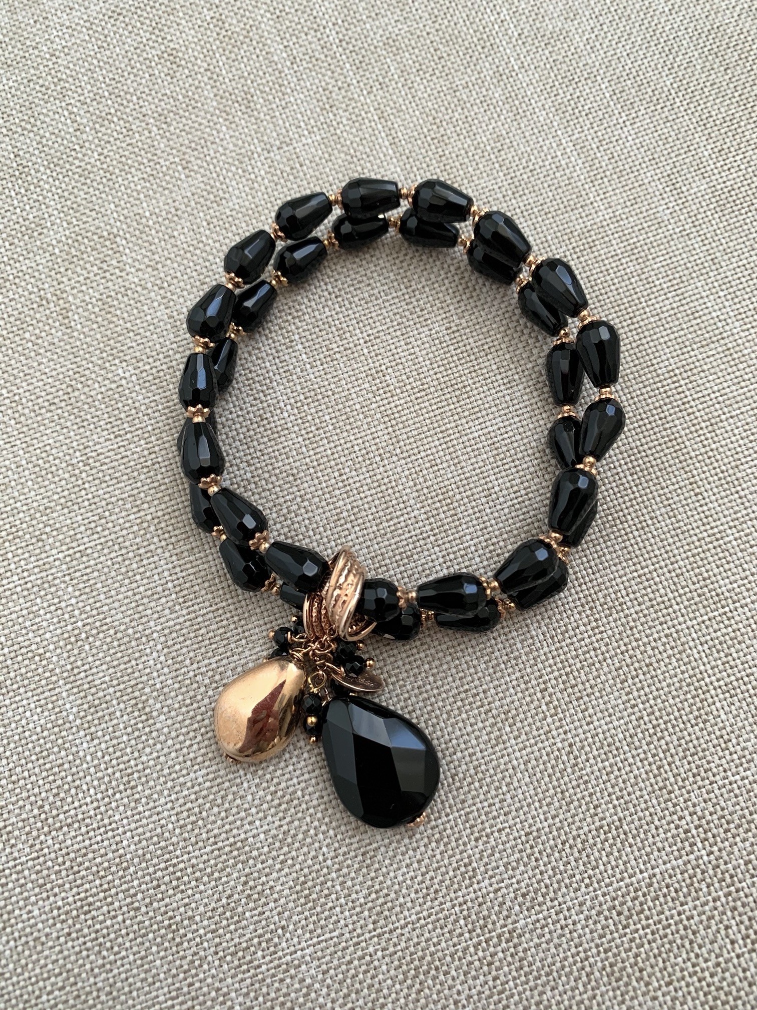Bracciale a 2 fili di agata nera e argento placcato oro rosa