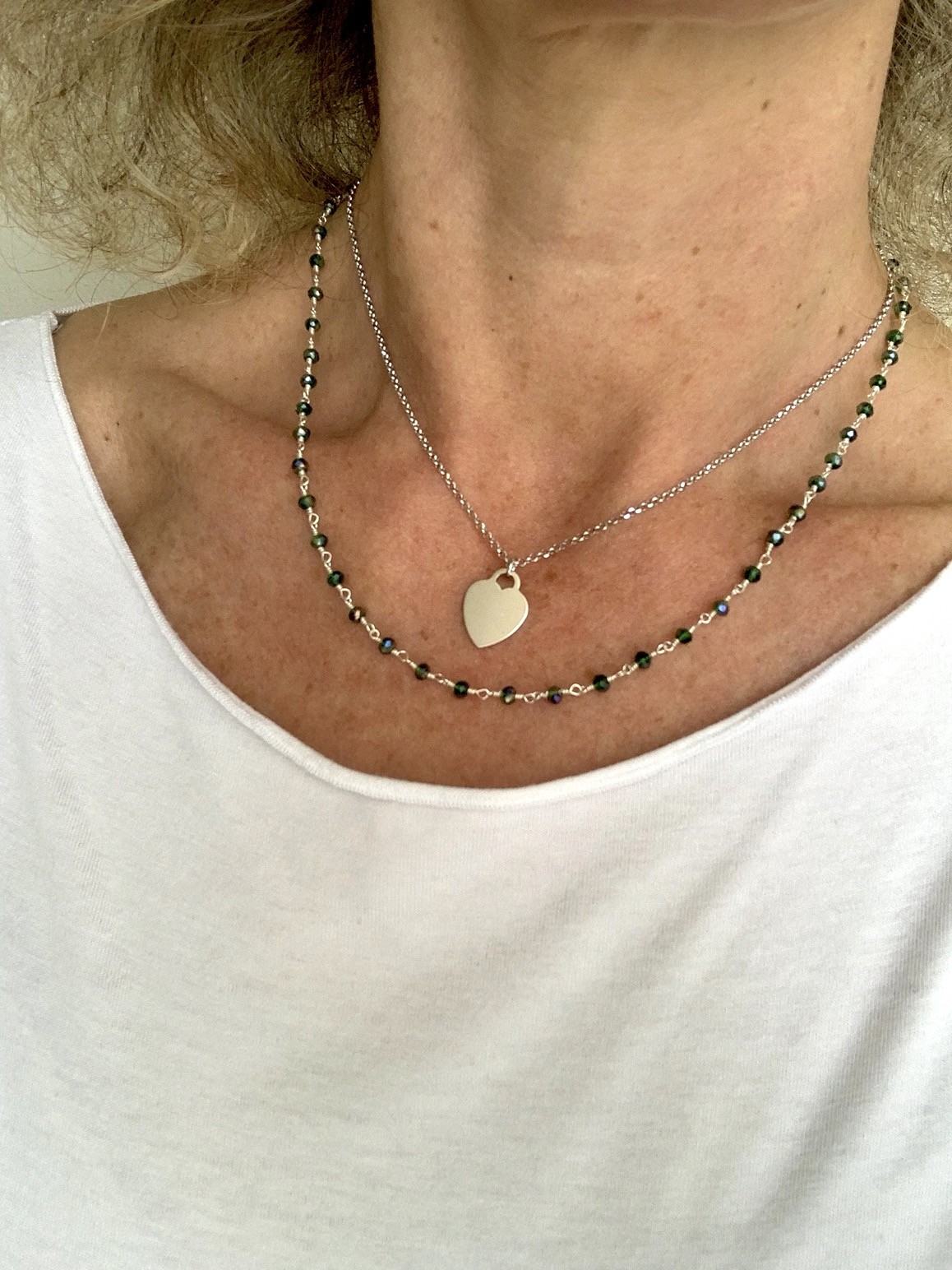 Girocollo a 2 fili con quarzo idrotermale verde scuro e argento rodiato